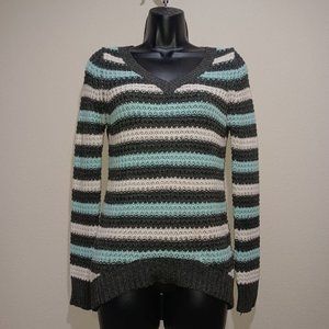 Rue21 Knitted Blue and White Striped Long Sleeve V Neck Sweater Size S